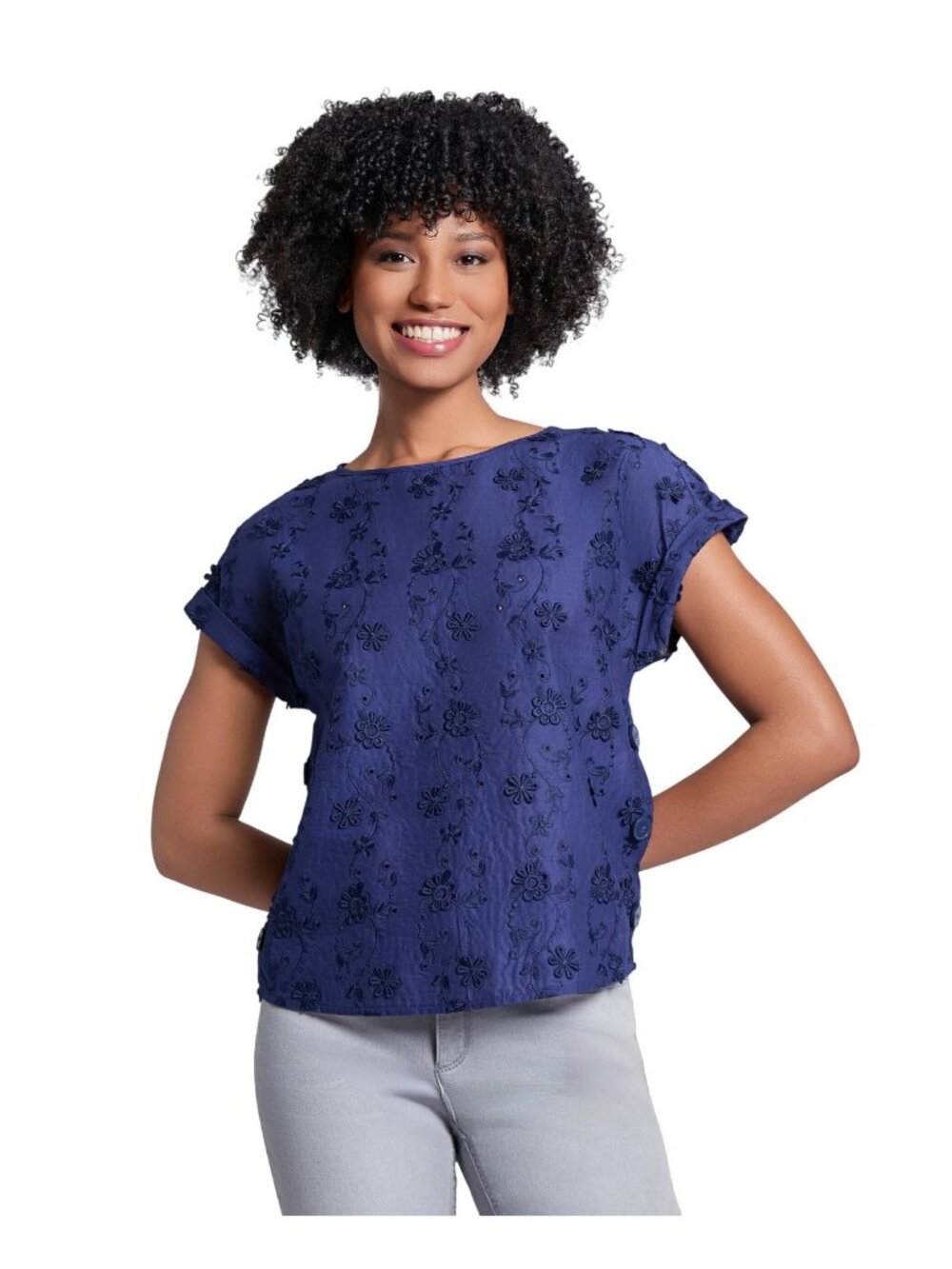 NWT Jones New York Crewneck Textured Blouse Shirt Top Pacific Navy Blue S